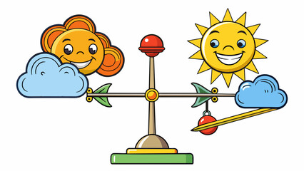 Poster - A weather vane pointing in different directions symbolizing the unpredictability and subjectivity of judgement. One side of the vane depicts a sunny. Cartoon Vector