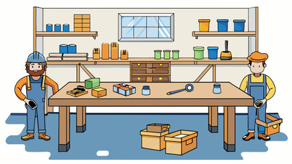 Poster - A wellworn wooden table in the center of the room covered in an array of tools and equipment. Boxes of spare parts and components line the walls. Cartoon Vector