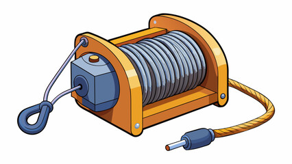 Poster - A winch with a compact body and a long coiled rope that can be powered by electricity or manually cranked. It is commonly used for pulling or lifting. Cartoon Vector