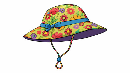 Poster - A widebrimmed rain hat made of waterproof material with a colorful floral print. The brim is adjustable allowing it to be worn up or down. The hat. Cartoon Vector