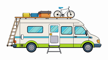 Poster - A white camper van with a raised roof and a colorful mural painted on the side. It has a bike rack on the back and a small ladder leading to the roof.. Cartoon Vector