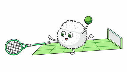 Wall Mural - A white fuzzy ball flies through the air as a player swiftly swings their racket sending the ball towards the other side of the court. The players. Cartoon Vector