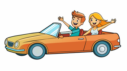 Poster - A young couple in a convertible the top down and wind blowing through their hair. The driver had one hand on the wheel while the passenger held on to. Cartoon Vector