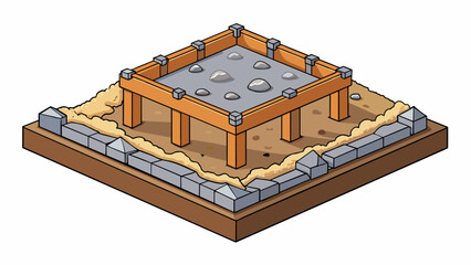 Poster - Before building a house workers lay a solid foundation of gravel sand and rocks to create a level surface. This foundation provides stability for the. Cartoon Vector