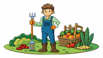 Poster - A young farmer is carefully inspecting his vegetable garden wearing a pair of denim overalls and muddy work boots. He is holding a worn wooden rake. Cartoon Vector