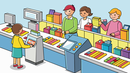 Poster - Busy checkout lanes with conveyor belts and barcode scanners manned by cashiers ringing up customers purchases. Behind them a wall of colorful. Cartoon Vector