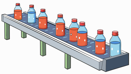 Poster - Bottling soft drinks on a conveyor belt The bottles move along a long metal conveyor belt passing by a series of machines. These machines first rinse. Cartoon Vector