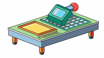 Poster - Characteristics desk manufacturing specifications electronic chip bright light inspection for imperfections.. Cartoon Vector