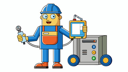 Poster - Characteristics machine with metal frame wires connectors worker with blue vest flashlight clipboard signs of wear or damage.. Cartoon Vector