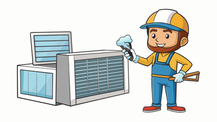 Aufkleber - Cleaning and inspecting air conditioning filters in a household unit to prevent a buildup of dust and debris that can lead to decreased efficiency and. Cartoon Vector