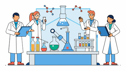 Poster - Characteristics lab setting workers in white coats table with labeled vials and beakers microscope shaking and observation process.. Cartoon Vector