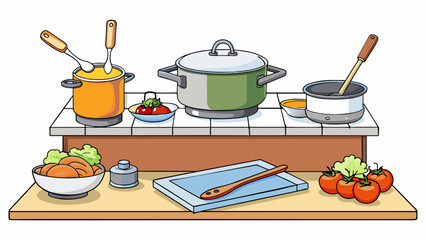 Poster - Cooking in the kitchen on the counter there are various pots and pans made of shiny silver metal along with wooden ss and spatulas. In the sink there. Cartoon Vector