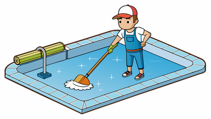 Fototapete - Cleaning a Swimming Pool Regular maintenance to keep a pool safe and hygienic. Involves testing and balancing the chemical levels skimming debris off. Cartoon Vector
