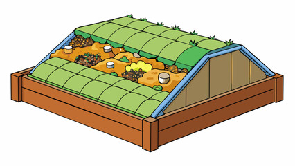 Fototapete - Compost pile A rectangular bin made of wood and wire mesh is filled with a mixture of food scraps and yard waste. The pile is covered in a tarp and. Cartoon Vector