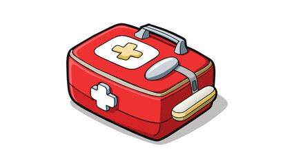 Aufkleber - First Aid Kit A small red box with a white cross symbol on the front. It contains various medical supplies such as bandaids gauze and antiseptic wipes. Cartoon Vector