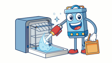 Poster - Flushing and cleaning a dishwashers filter and spray arms to prevent buildup of food particles and grime. This helps to maintain proper functioning. Cartoon Vector