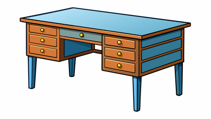 Fototapete - Desk A flat rectangular surface supported by four sy wooden legs. The top is made of a smooth glossy material with a dark finish. It has multiple. Cartoon Vector