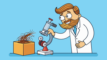 Poster - Donning a white lab coat the inspector peered through a microscope as he examined a strand of hair found at the crime scene. He meticulously compared. Cartoon Vector