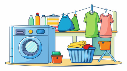 Aufkleber - Doing laundry in the laundry room there is a washer and dryer next to a shelf full of laundry detergent and fabric softener. A large hamper is. Cartoon Vector