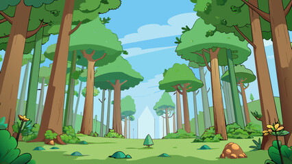 Fototapete - Forest Region Towering trees reach high into the sky in this lush region providing a cool shaded canopy. The forest floor is covered in a thick layer. Cartoon Vector