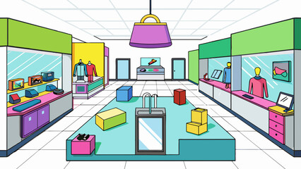 Canvas Print - From electronics to clothing a wide variety of stores line the malls corridors. Each storefront is adorned with vibrant window displays showcasing the. Cartoon Vector