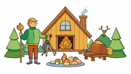 Poster - In a cozy cabin deep in the woods a hiker warms their hands by a crackling fire the flickering flames casting a warm glow on the rustic wooden. Cartoon Vector