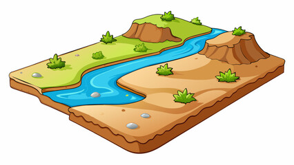 Canvas Print - In a flat desert landscape a shallow river meanders slowly across the sandy ground. The water is murky and brown with patches of algae growing on the. Cartoon Vector