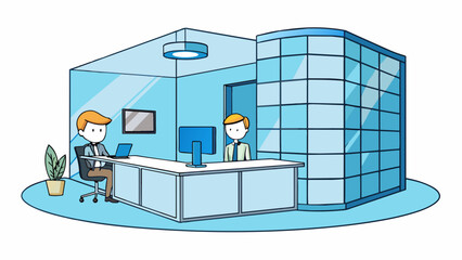 Poster - In an office building a receptionist sits behind a glass partition at a small desk with a computer. The walls are painted a light blue and there is a. Cartoon Vector