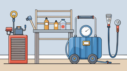 Aufkleber - In a mechanics shop a compressor is mounted on the wall taking up minimal space. It has a sy silver frame and a thin long hose connected to it. The. Cartoon Vector