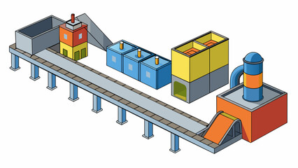 Poster - In a manufacturing plant a conveyor belt is used to transport raw materials to different machines for processing. The belt is made of strong steel and. Cartoon Vector