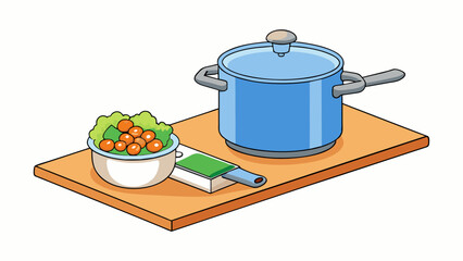 Poster - In a kitchen there is a pot of boiling water on the stove next to a ting board with chopped vegetables. The pot and ting board are related as they are. Cartoon Vector