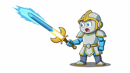 Poster - In a fantasy world a questing knight comes across a magical talking sword. The sword has a golden hilt with intricate engravings and its blade glows. Cartoon Vector