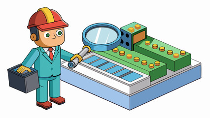 Poster - In a manufacturing plant an inspector uses a magnifying glass to inspect the intricate details of a small electronic component ensuring all. Cartoon Vector