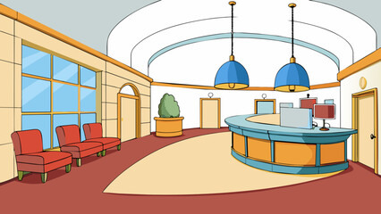 Poster - In a hotel lobby there is a spacious reception area with soft lighting and plush seating. A long curved desk is lined with computer screens and. Cartoon Vector