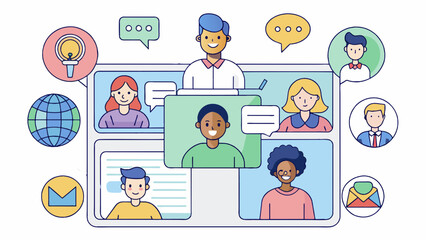 Fototapete - In an online forum users from all over the world engage in a digital discussion. Avatars of various designs and colors pop up on the screen. Cartoon Vector