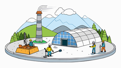 Poster - In a remote mountainous region a group of workers can be seen constructing a unique structure. Made of thick concrete walls and a curved retractable. Cartoon Vector