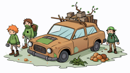 Poster - In a postapocalyptic world a group of survivors stumble upon a rusted old car in the abandoned city. The car is covered in vines and has a broken. Cartoon Vector