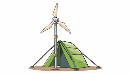 Fototapete - In a remote camping site a portable wind turbine generator stands tall on a tripod base. Its sleek white blades spin gracefully in the wind producing. Cartoon Vector