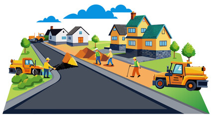 Poster - In a residential neighborhood a group of workers is laying down asphalt on a newly paved road. The workers use large machinery to flatten and smooth. Cartoon Vector
