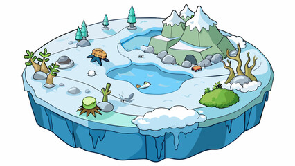 Poster - In a polar climate the air is frigid and the ground is covered in thick layers of ice and snow making it difficult for plants and animals to survive.. Cartoon Vector