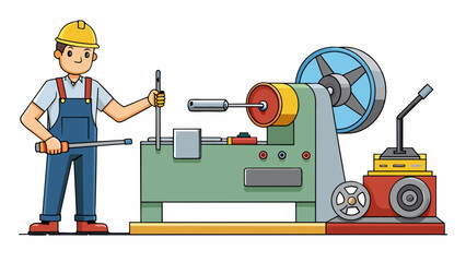 Poster - In one corner of the workshop there is a large metal lathe with a spinning wheel and various s and levers. Next to it is a pile of metal scraps ready. Cartoon Vector