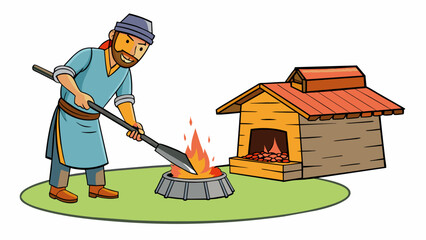 Poster - In a rural village a skilled artisan carefully carves intricate patterns into a hot steel blade. The blade glows orange as it is heated and then. Cartoon Vector