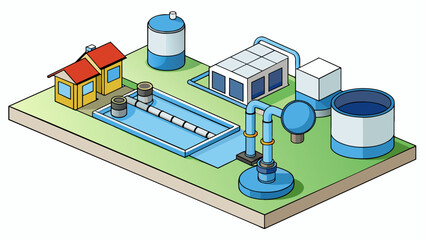 Poster - In a water treatment plant a series of pipes pumps and filters work together to remove impurities and harmful substances from the water supply. Cartoon Vector
