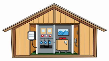 Poster - Inside the shed of a remote mountain cabin the electrical panel is a small simple box with a few fuses and a main switch. Since the cabin runs on. Cartoon Vector
