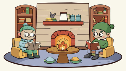 Poster - Inside a cozy cabin in the woods a small stone fireplace crackles as two friends sit in front of it sipping hot cocoa and chatting. The walls are. Cartoon Vector