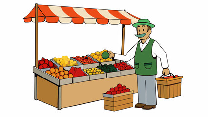 Poster - In the bustling market a dealer stands at their fruit stand carefully arranging vibrant produce in organized piles. They have a weathered face worn. Cartoon Vector