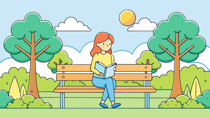 Poster - In a quiet park a woman sits on a bench with a notebook and pen in hand. She is surrounded by tall trees their leaves gently rustling in the breeze.. Cartoon Vector