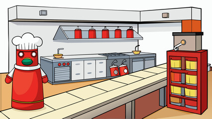Poster - In a restaurant kitchen there are fire extinguishers mounted on the walls in various locations. These red cylinders are easily identifiable and have. Cartoon Vector
