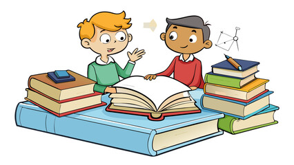 Aufkleber - In a quiet library two students huddle over textbooks discussing complex equations and theories in hushed voices. The books they reference are worn. Cartoon Vector