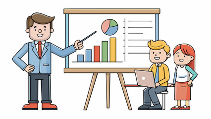 Aufkleber - In the conference room the analyst stands in front of a large whiteboard marker in hand. They confidently go through graphs and charts explaining the. Cartoon Vector